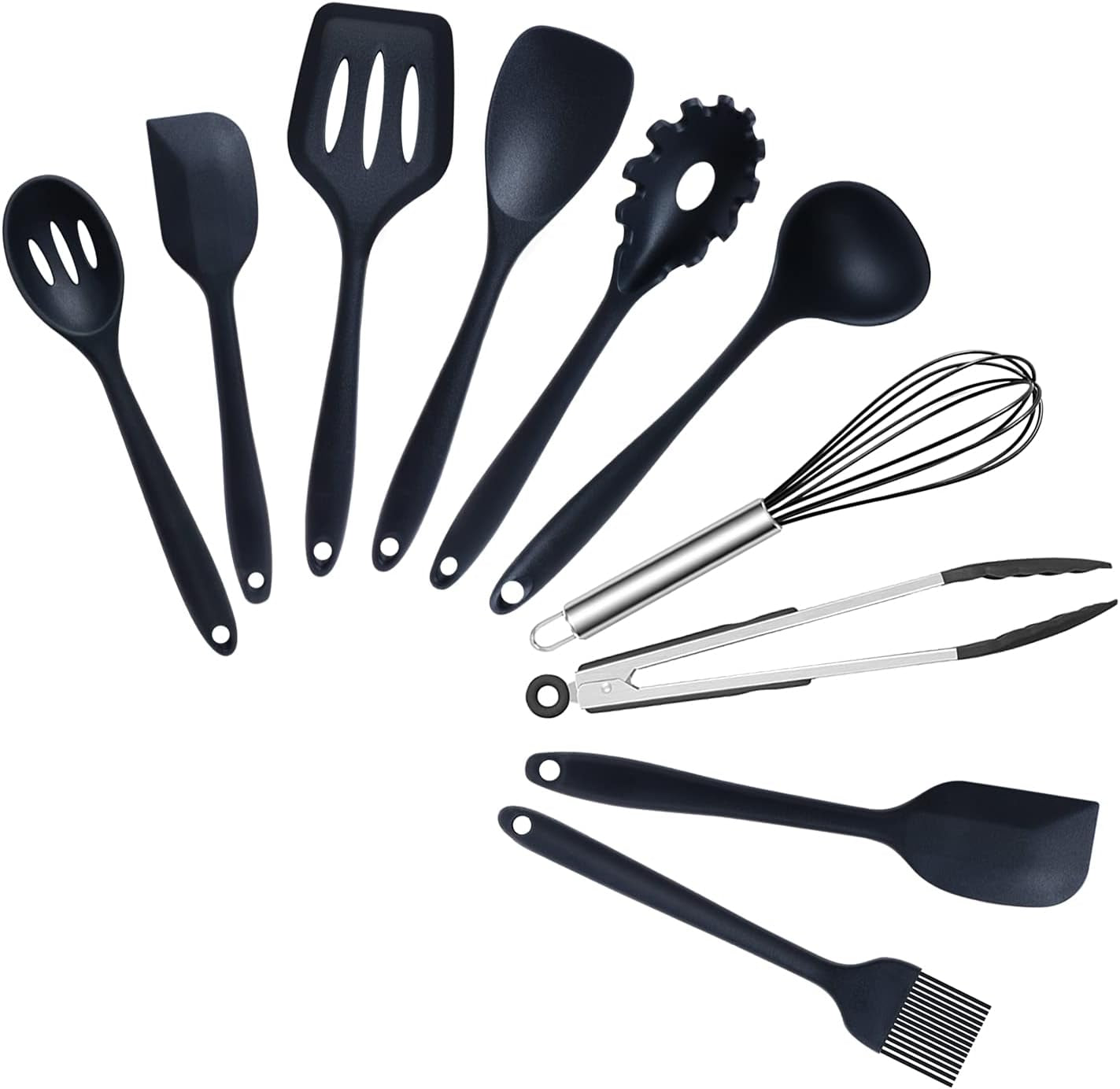 Silicone Cooking Utensils Set， Seamless 10 Pcs Series Black Kitchen Untensils Set without Holder Heat Resistant BPA Free, Silicon Spatula Kitchen Utensils