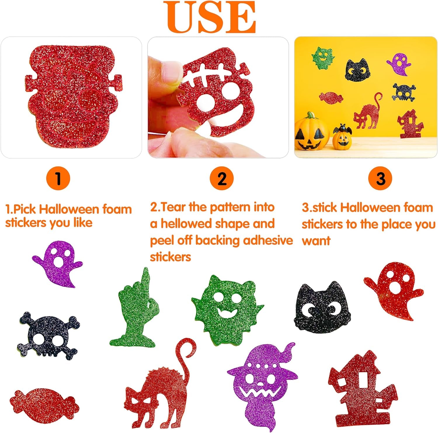 Large Halloween Glitter Foam Craft Stickers Self Adhesive Pumpkin Shape Stickers for Kids Party Halloween Decorations 200Pcs