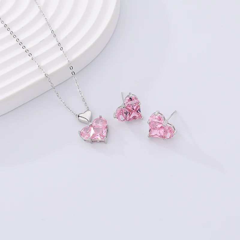 White Gold Pink Heart Earrings