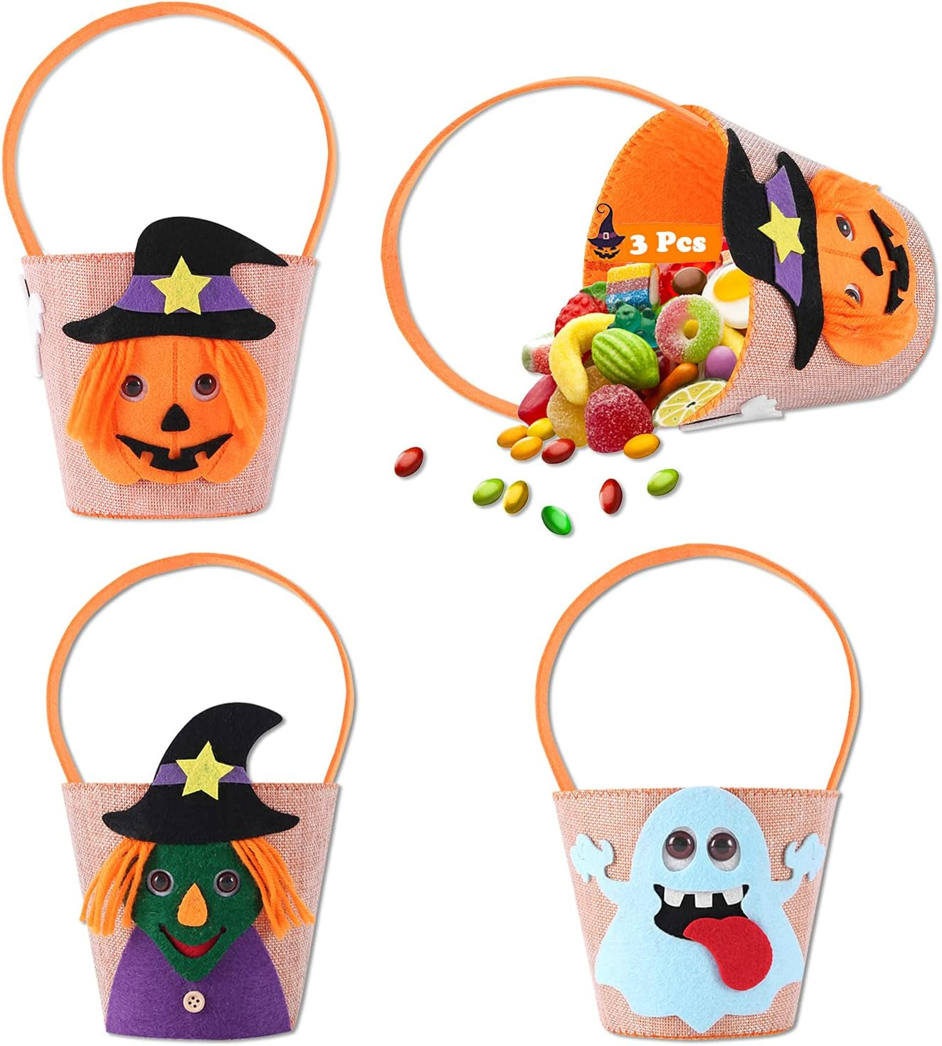 3 Pcs Halloween Candy Bags for Trick or Treat, Cute Bats Witch Pumpkin Goody Basket Kids Halloween Party Favor Supplies (A-Halloween Candy Bag)