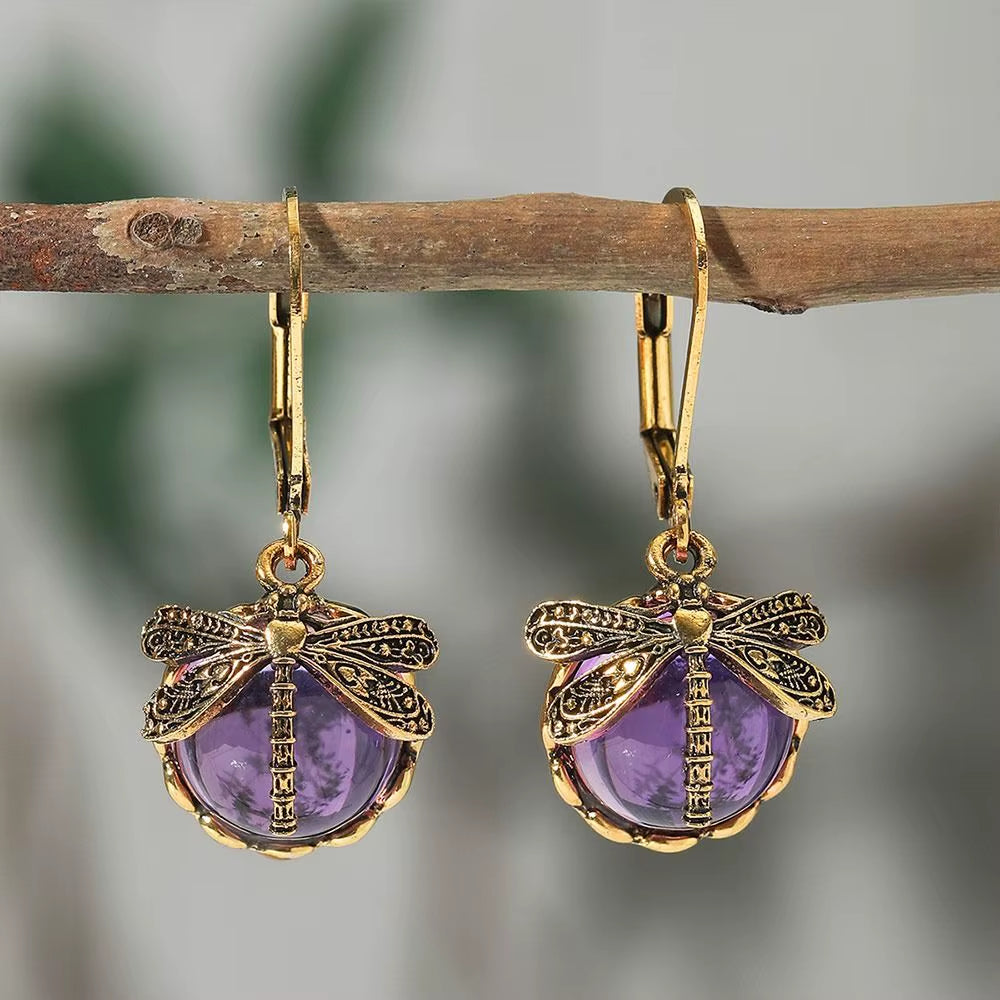 Metal Dragonfly Pendant Earrings Creative Carving Pattern Vintage Drop Earrings Inlaid Moonstone Drop Earrings Women