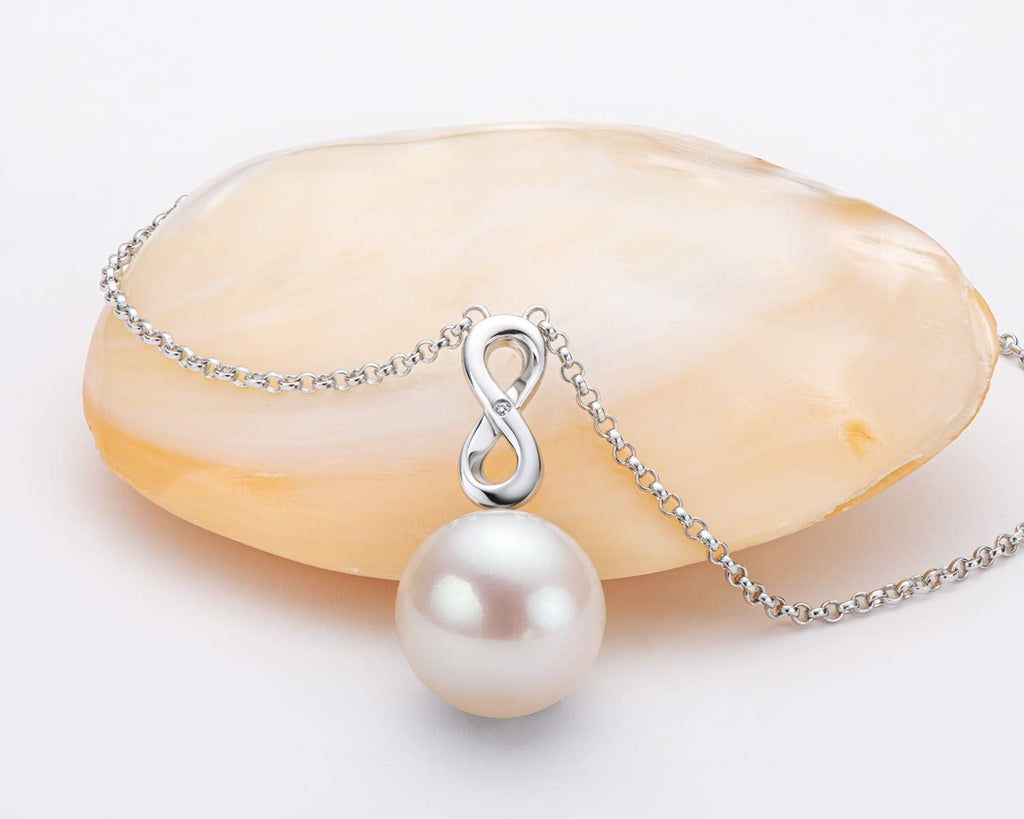 Pearl Necklace,Freshwater Cultured White Pearl Infinity Pendant Sterling Silver Necklace for Women Jewelry Gift for Mom Mama Mother Day(Size:9-10Mm)