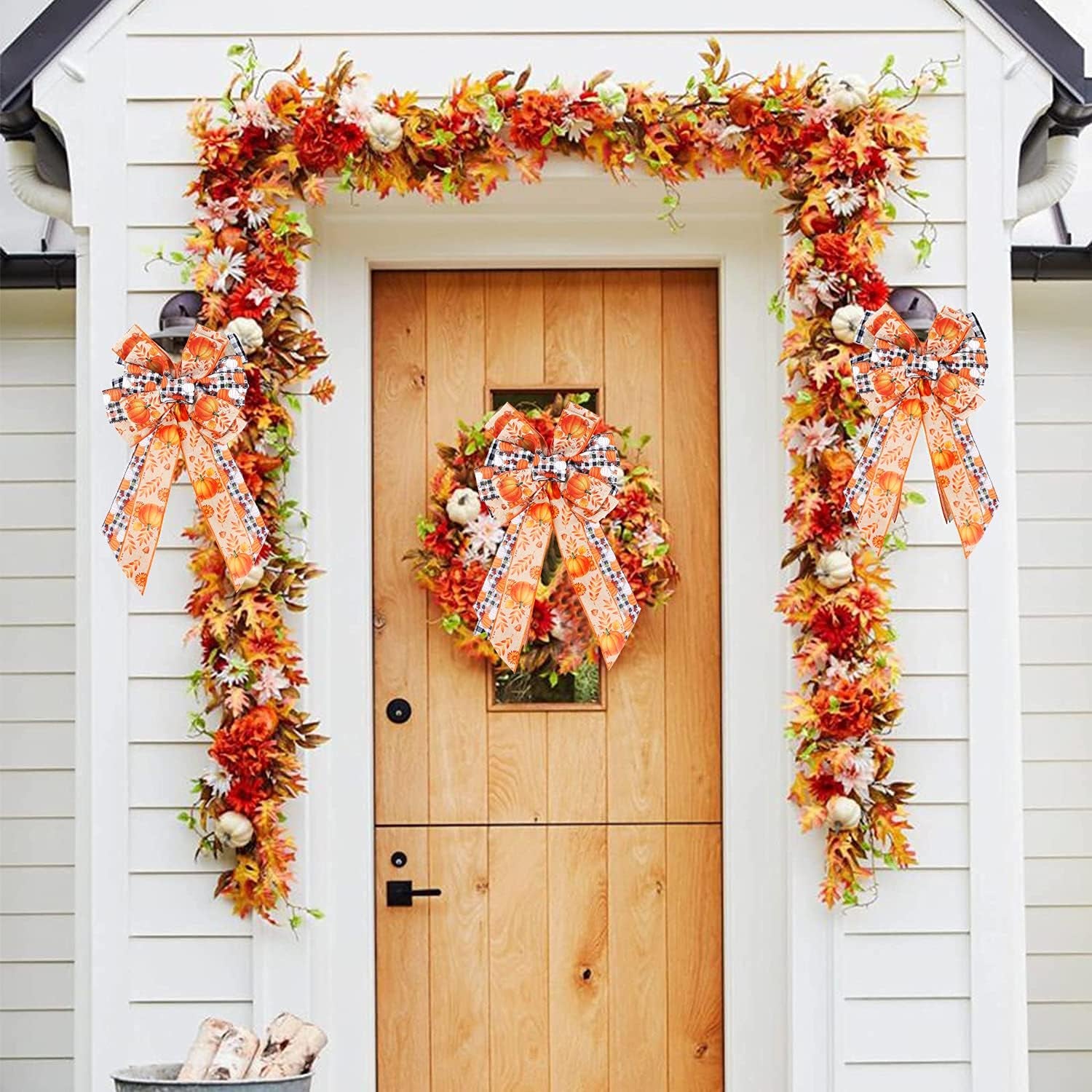Halloween Wreath Bow Large Topper Bow Orange Pumpkin Pattern Black White Buffalo Plaid Bow Rustic Bowknot Ornaments Decorative Gift Bow for Halloween Party Home Wedding Thanksgiving Party Favor Decor