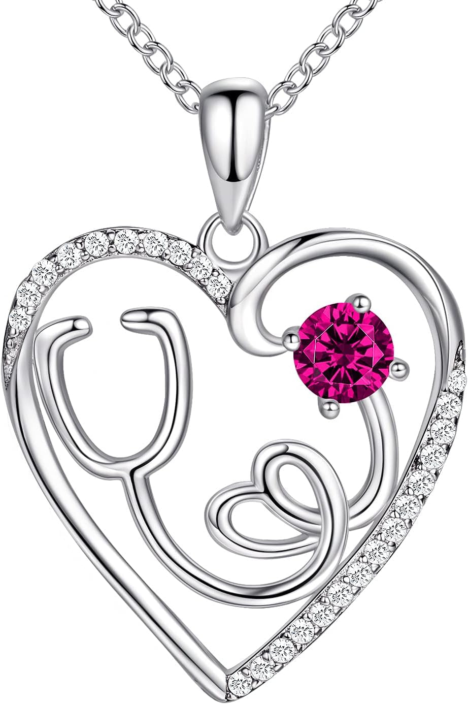 925 Sterling Silver Heart Necklace 14K Gold or Rose Gold Nurse Birthstone Necklace Stethoscope Necklaces for Doctor Medical Student RN for Festival or Holiday