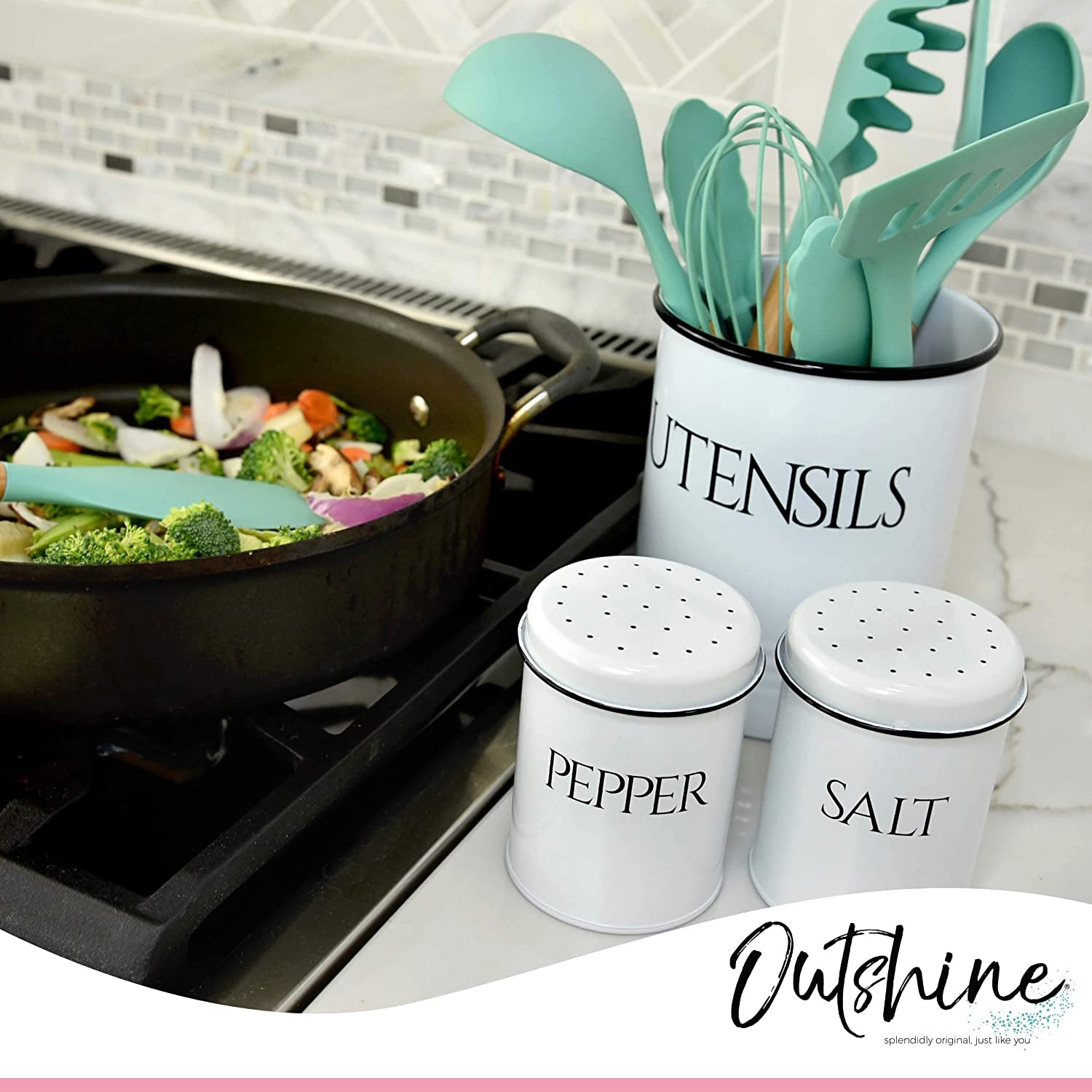 Large Kitchen Utensil Holder and Farmhouse Decor with Matching Salt and Pepper Shakers, White | Chic Vintage Cooking Utensils Holder | Ideal Gift for Women, Wife, Mom, Girlfriend