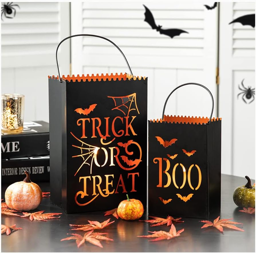 2 Pack Halloween Metal Trick or Treat Bucket, Halloween Decorative Lantern Candle Holder Table Ornament for Porch Sign Home