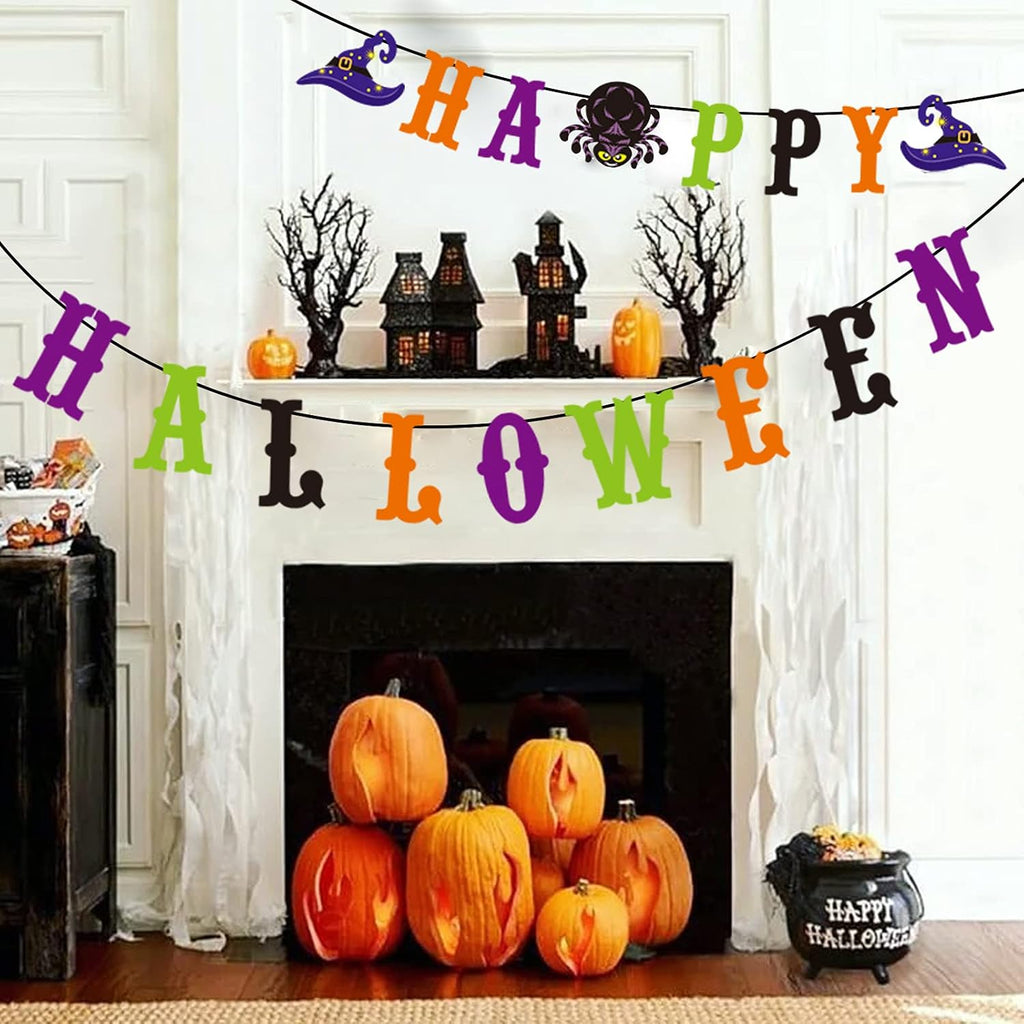 Happy Halloween Banner with Witch Spider Sign Halloween Party Decorations for Haunted Houses Doorways Home Outdoor Indoor Party Decor