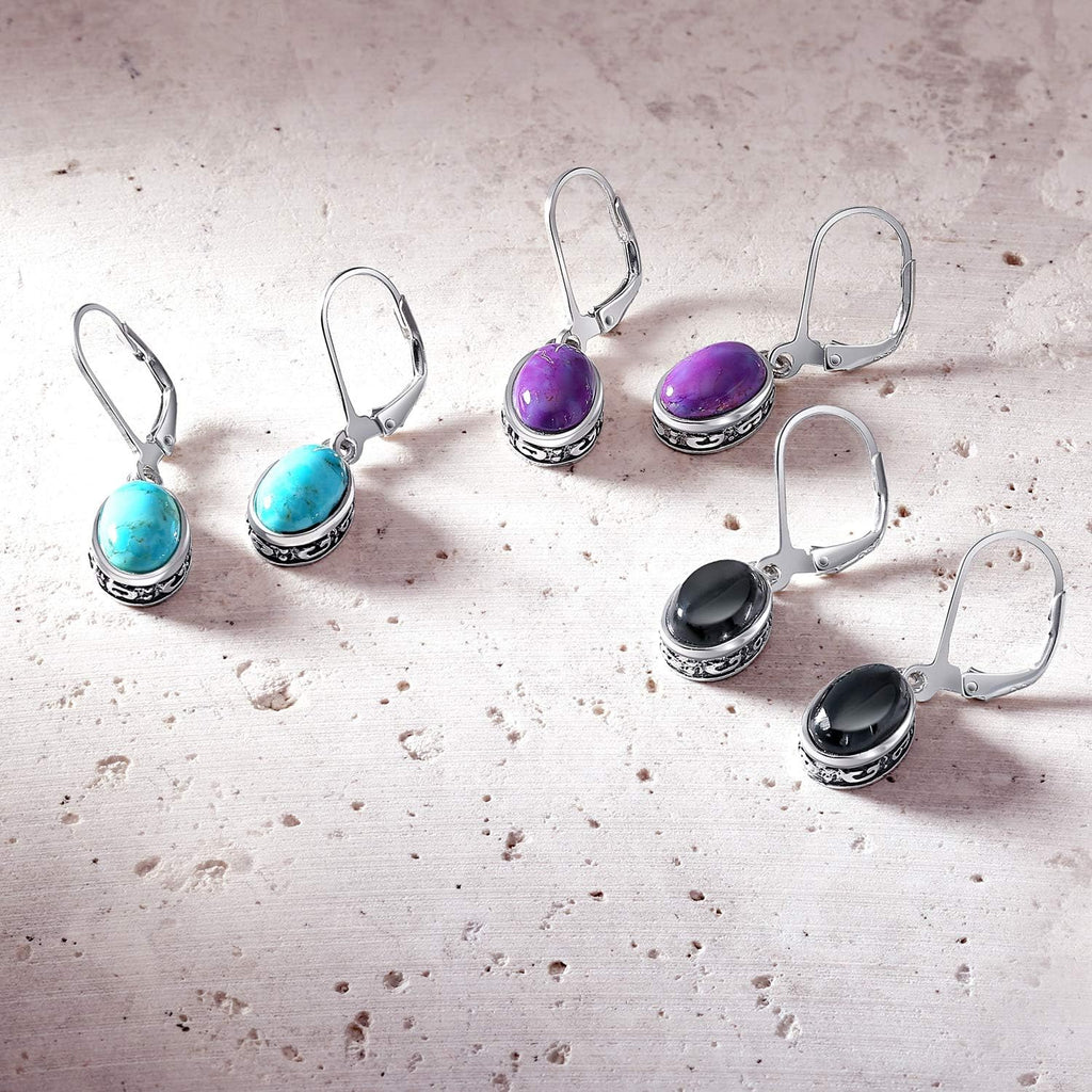 Boho Western Style Gemstone Oval Lever Back Drop Dangle Earrings for Women .925 Sterling Silver Semi Birthstone Colors