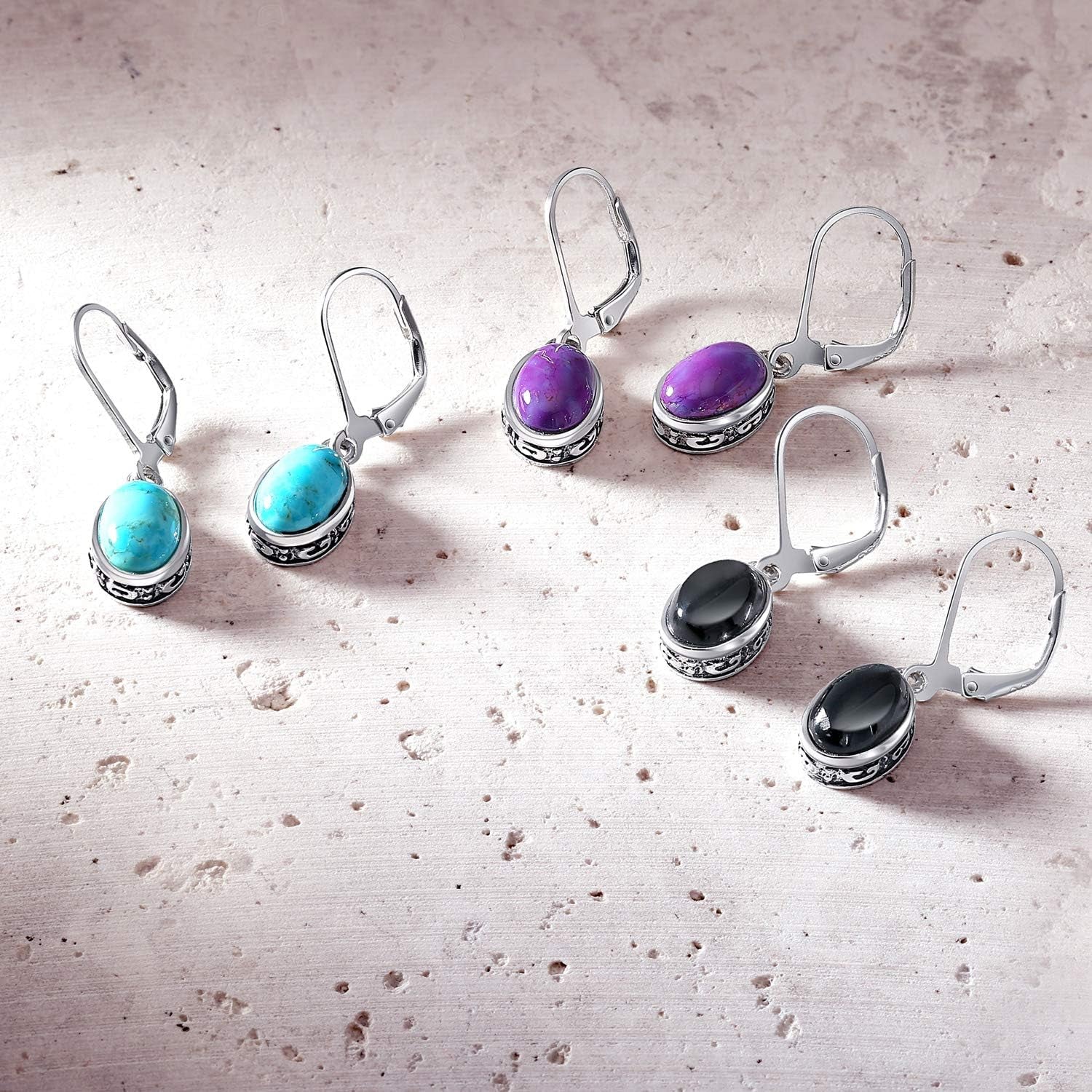 Boho Western Style Gemstone Oval Lever Back Drop Dangle Earrings for Women .925 Sterling Silver Semi Birthstone Colors