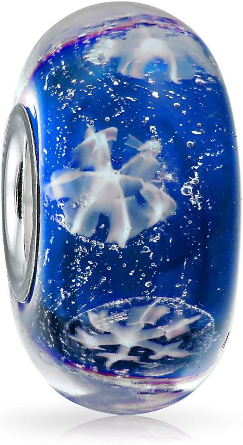 Royal Blue Snowflake Murano Glass 925 Sterling Silver Core Spacer Bead Fits European Charm Bracelet for Women for Teen