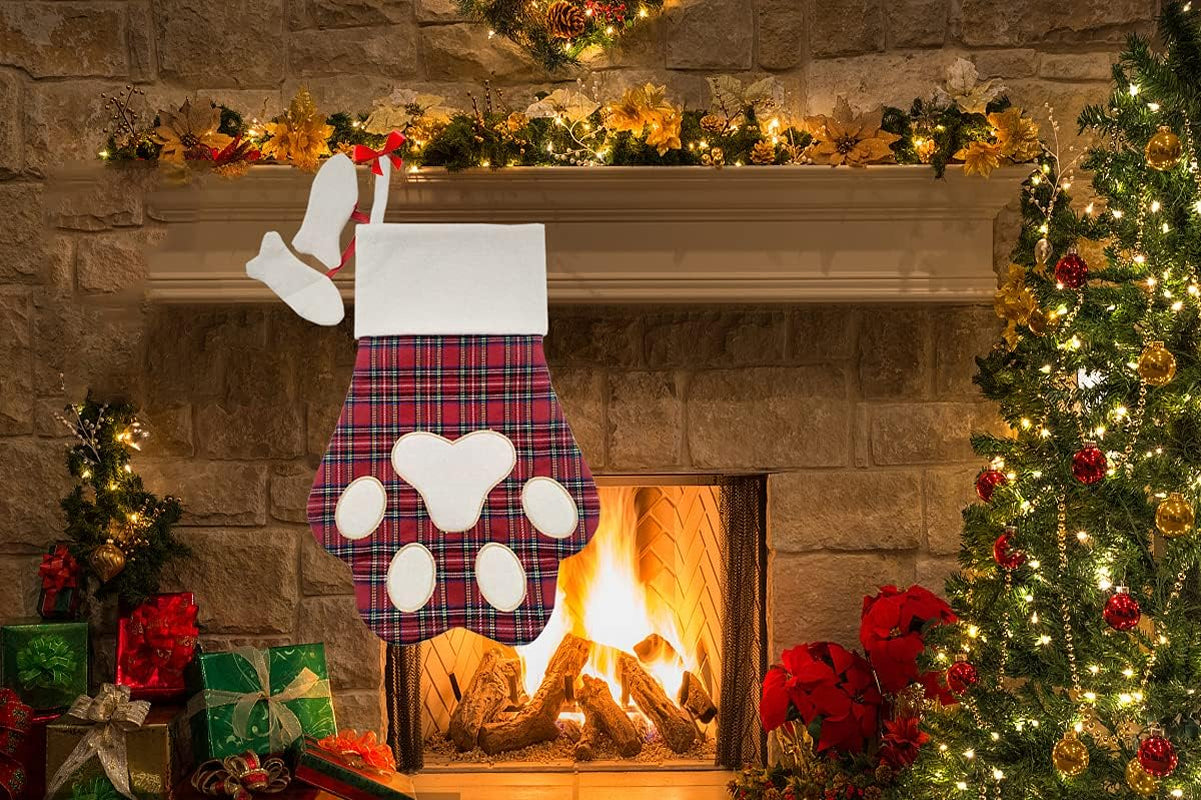 Cat Christmas Stocking, Pet Christmas Stocking, Animal Christmas Stockings, Pet Paw Pattern Stocking,Classic Hanging Stocking for Christmas Decorations