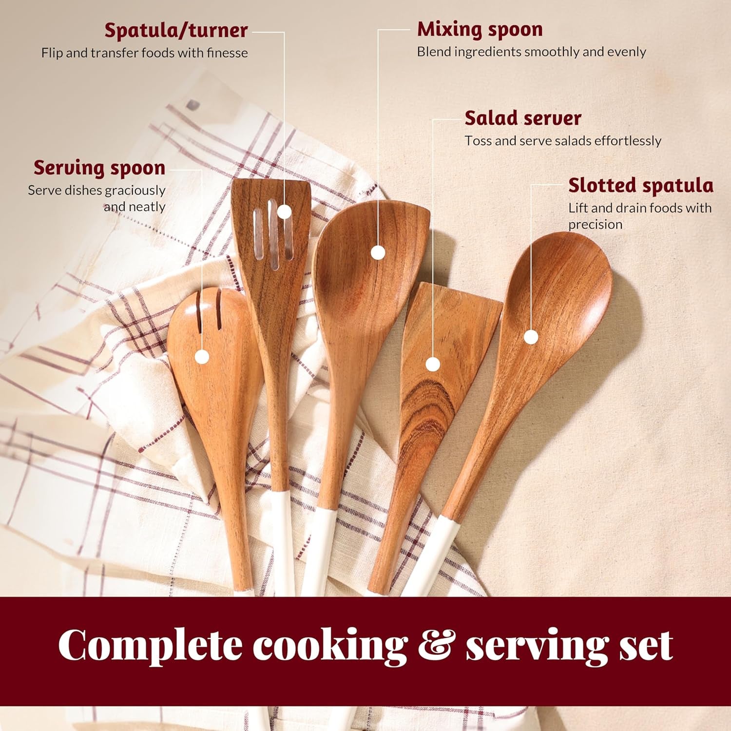 Wooden Spoons for Cooking | 12" Premium Acacia Wooden Utensil Set of 5 - Smooth Finish, Soft Comfort Cooking Utensils Set for Kitchen, Gifts | Non Stick Wooden Cooking Utensils Set of 5