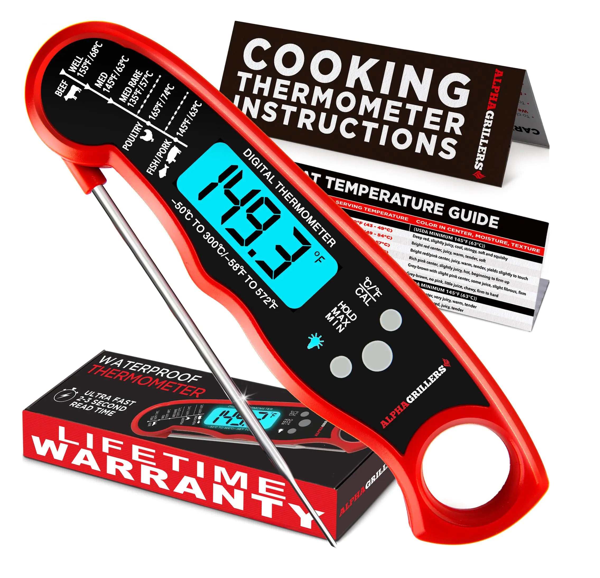 Alpha Grillers Instant Read Meat Thermometer for Cooking Grilling and Griddle Accessories Kitchen Essentials - Waterproof Backlight & Calibration Birthday Mens Gifts Valentines Day Gifts for Him