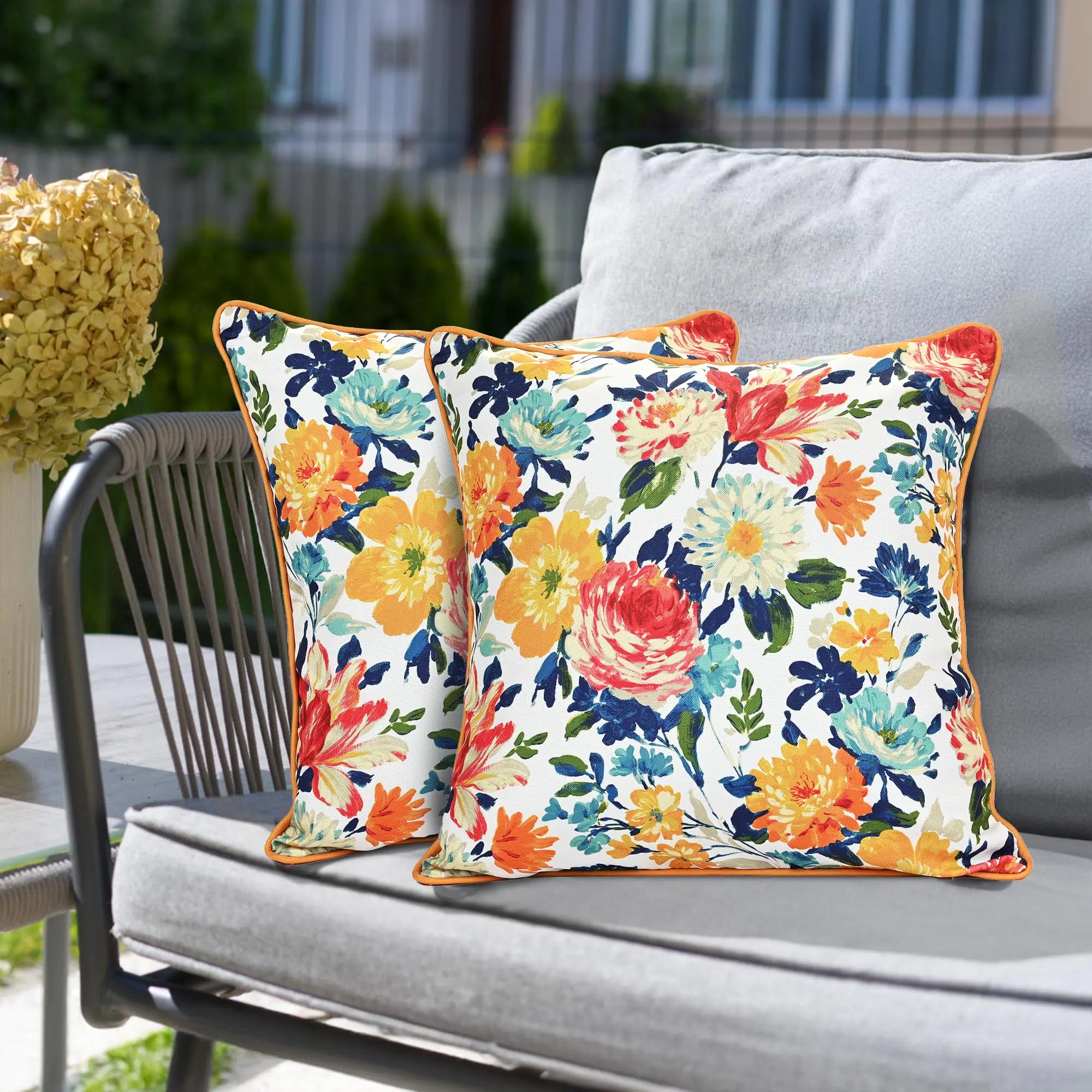 Pack of 2 Waterproof Outdoor Colorful Flowers Throw Pillow Covers 20 x 20 Inch Decorative Orange Floral Print Pillow Cases for Sofa Couch Square Garden Patio Funiture Bench Blue