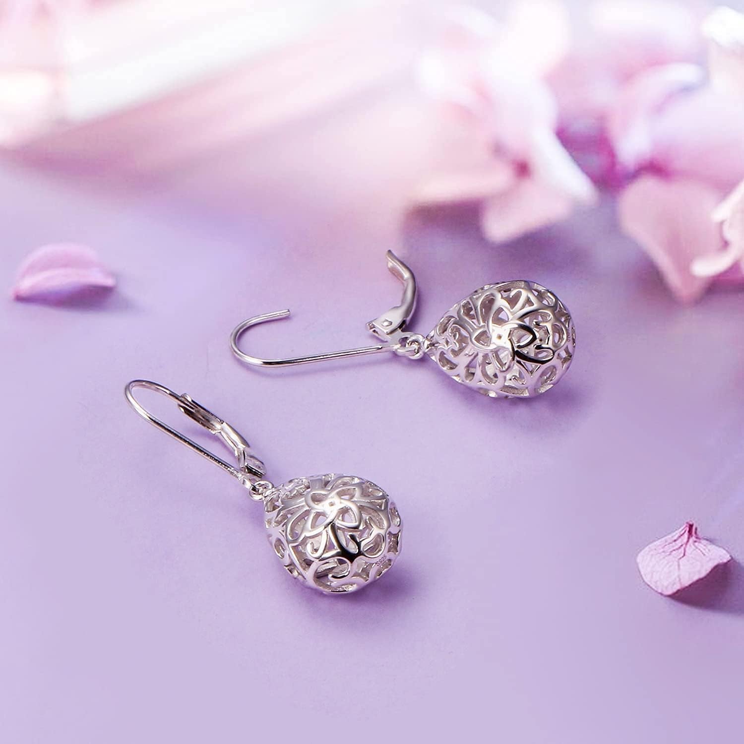 925 Sterling Silver Filigree Dangle Drop Earrings Daisy/Lotus/Rose Flower/Moonstone Leverback Teardrop Earrings for Women Infinity Celtic Knot Daisy Lotus Jewelry for Mothers Day