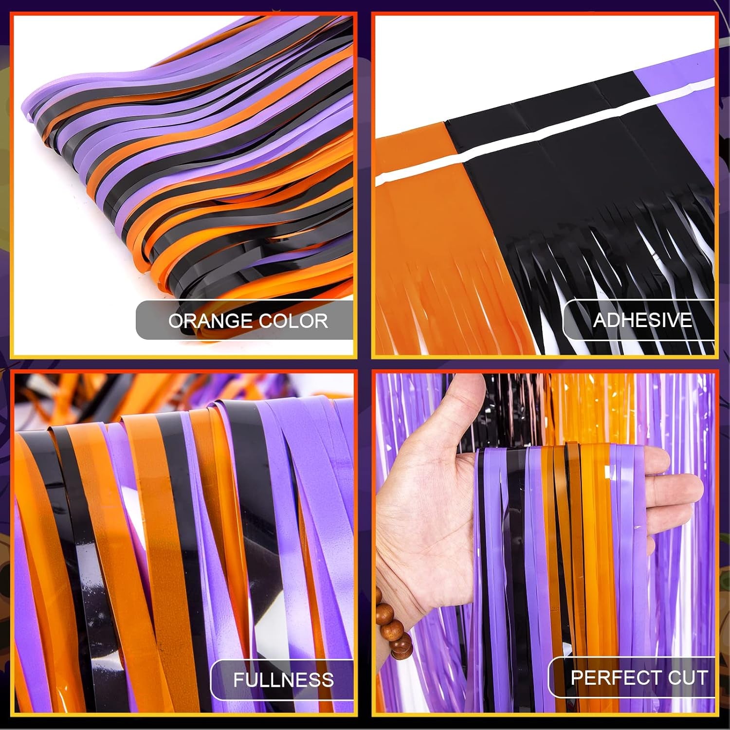 3 Pack Orange Purple Black Photo Booth Props,3.3 X 6.6 Ft Halloween Foil Fringe Curtains,Halloween Party Photo Backdrop Streamer Backdrop for Birthday Anniversary Halloween Party Decoration