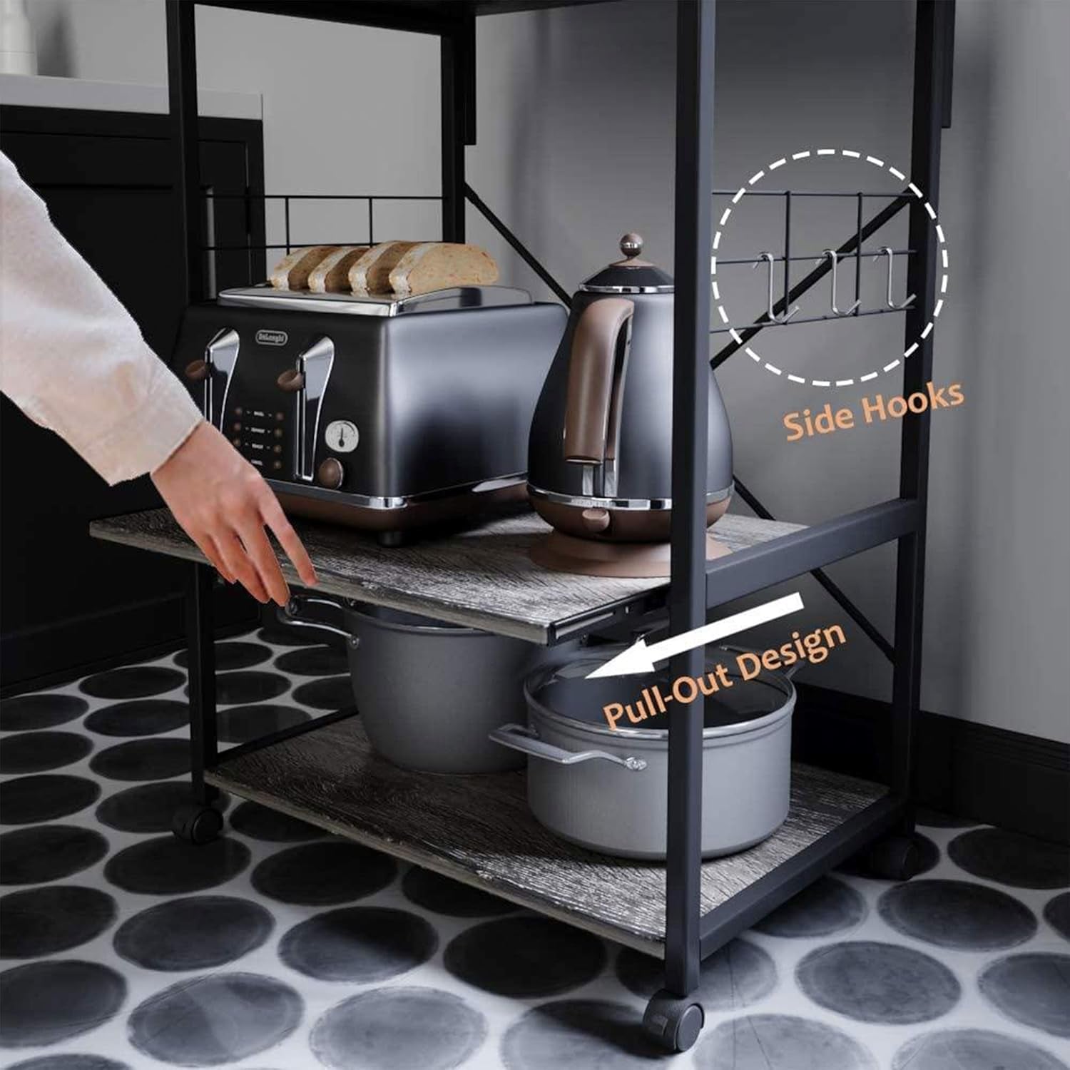 Bakers Rack Microwave Stand Rolling Cart on Wheels with Oven Mitts and 10 Side Hooks Kitchen Island with Storage Shelf Kitchen Organizer 4 Tier Shelves (Rustic Brown, Gray Duck Mitts)