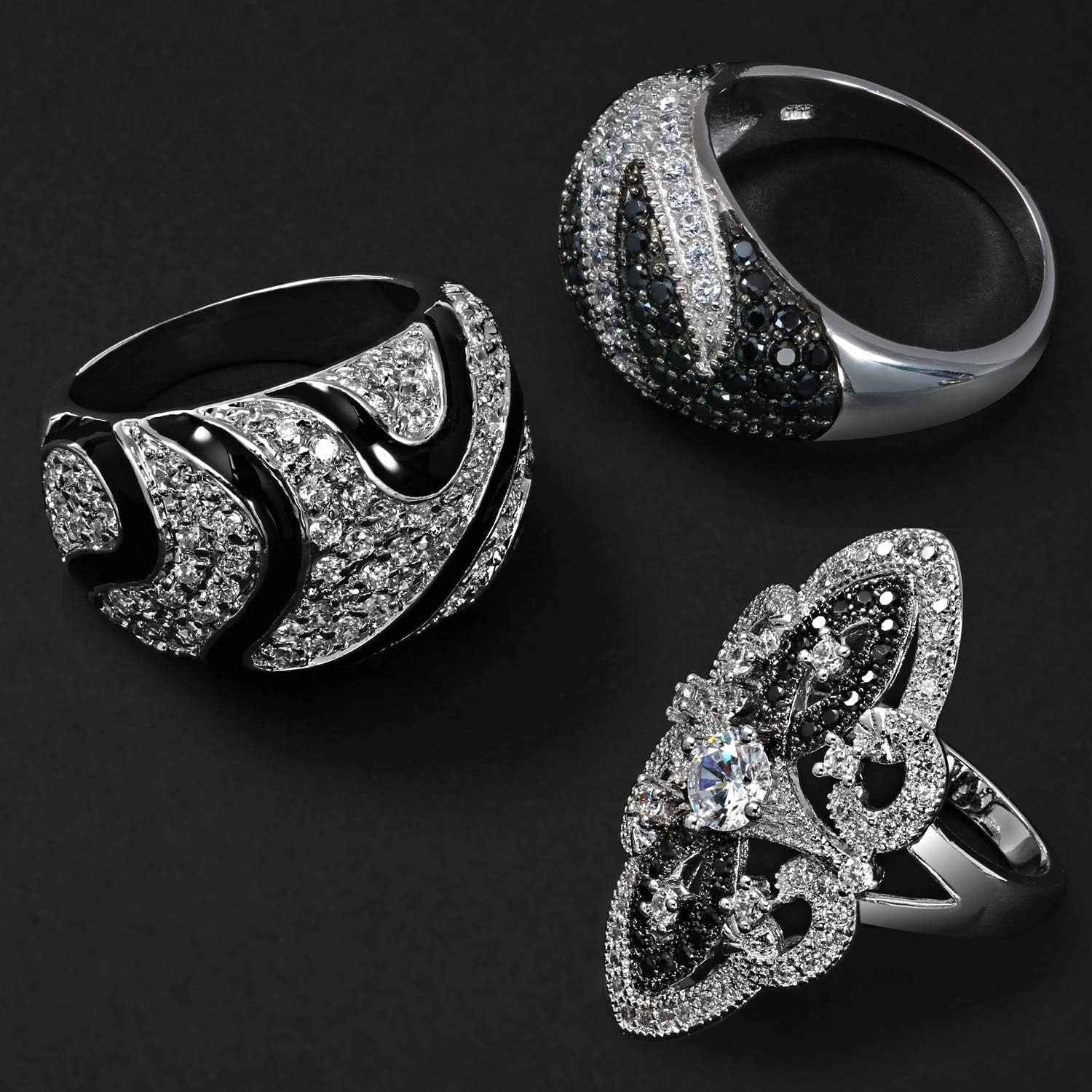 Art Deco Antique Boho Vintage Style Black White Blue Green Filigree Pave CZ Wide Heart Long Full Finger Fashion Statement Ring Cubic Zirconia for Women Rhodium Silver Plated Brass