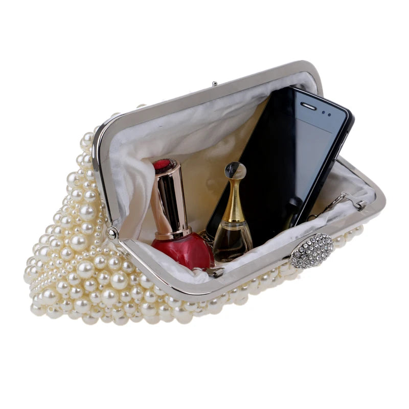Women Messenger Beaded Women Vintage Evening Bags Imitation Pearl Shell Women Bag Shoulder Bags,Diamonds Clutch Bag for Wedding