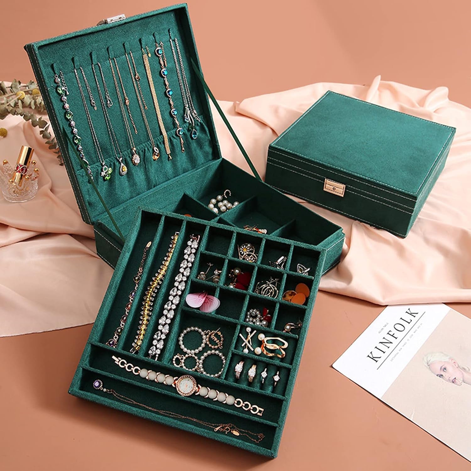 2 Layer Jewelry Box Jewelry Holder Organizer for Necklace Bracelets Rings Watches Storage Case with Lock