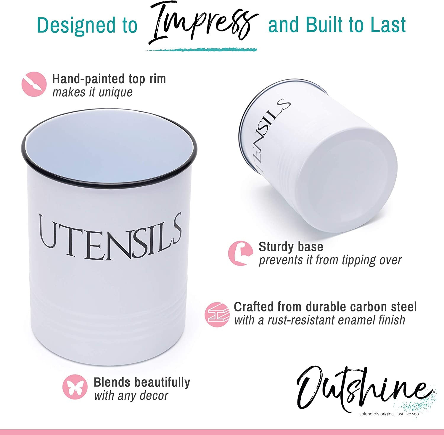 Large Kitchen Utensil Holder and Farmhouse Decor with Matching Salt and Pepper Shakers, White | Chic Vintage Cooking Utensils Holder | Ideal Gift for Women, Wife, Mom, Girlfriend