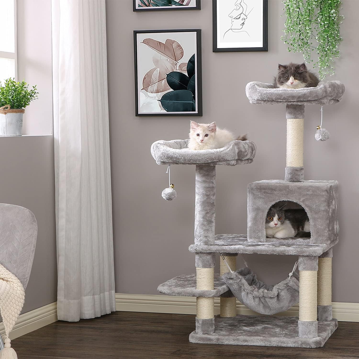 Cat Tree Cat Tower with Scratching Post Top Plush Perch Multi-Level Cat Condo Hammock Jumping Platform Kitten Activity Center for Indoor Cats MMJ53L