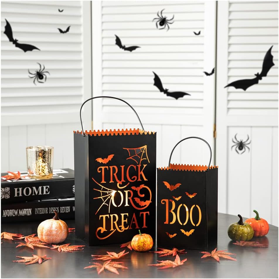 2 Pack Halloween Metal Trick or Treat Bucket, Halloween Decorative Lantern Candle Holder Table Ornament for Porch Sign Home