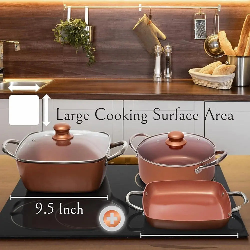 7 Pcs Copper Cookware Set Nonstick Pots and Pans Square Fry Pan Deep Fryer Steamer Rack Kitchen Essentials Induction Compatible