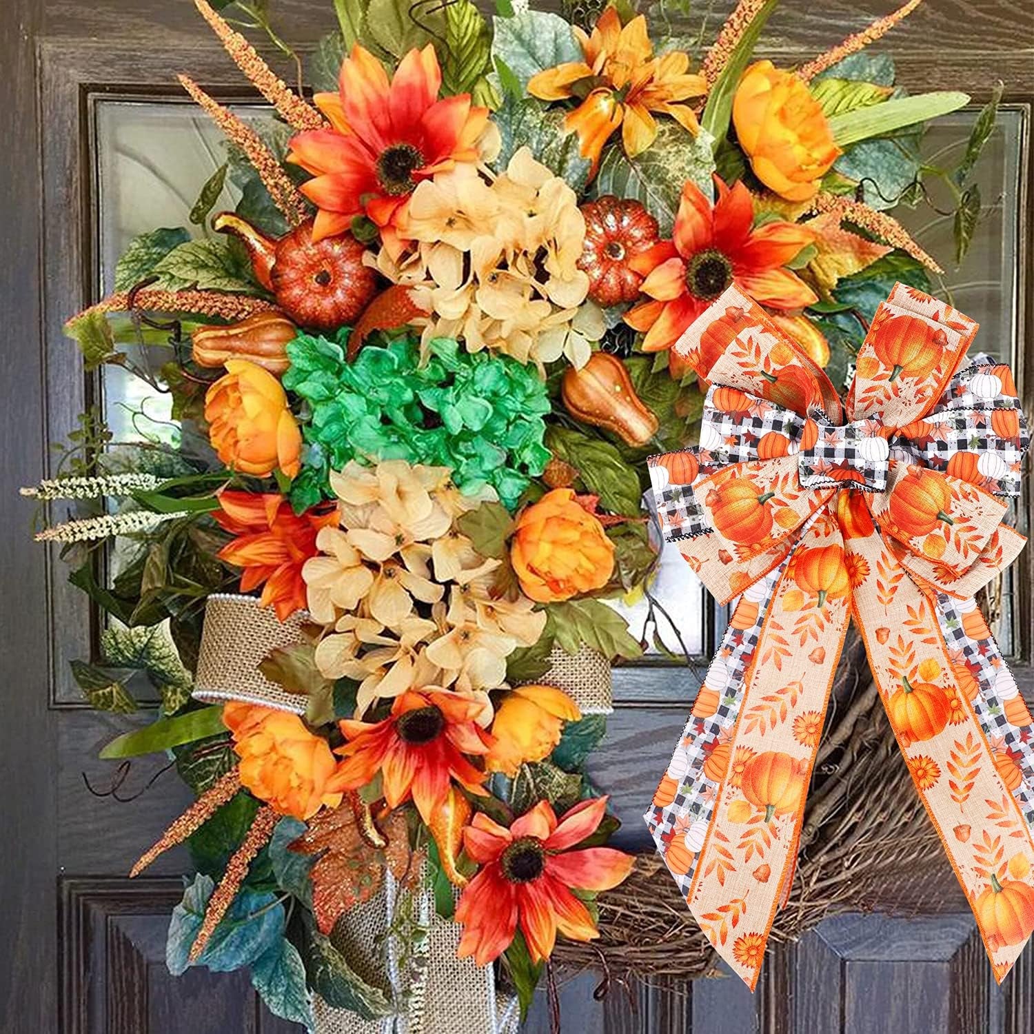 Halloween Wreath Bow Large Topper Bow Orange Pumpkin Pattern Black White Buffalo Plaid Bow Rustic Bowknot Ornaments Decorative Gift Bow for Halloween Party Home Wedding Thanksgiving Party Favor Decor