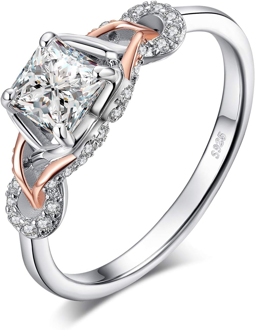 Love Infinity Ring Engagement Rings for Women, 14K Rose Gold 925 Sterling Silver Cubic Zirconia Promise Rings for Her, Anniversary Knot Princess Cut Promise Ring Simulated Diamond Ring