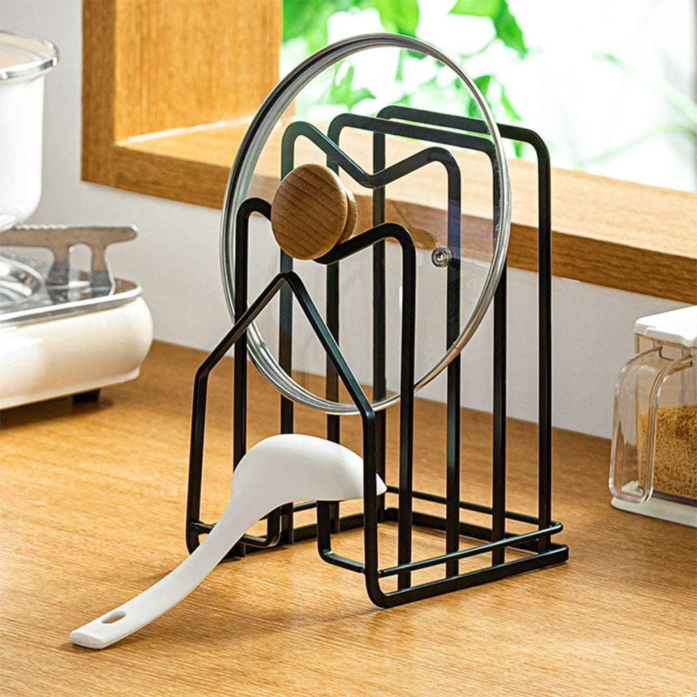 Cutting Board Holder Chopping Board Stand Rack W 2 Adhesive Hooks Pot Pan Lids Holder Kitchen Countertop Organizer Rack Black