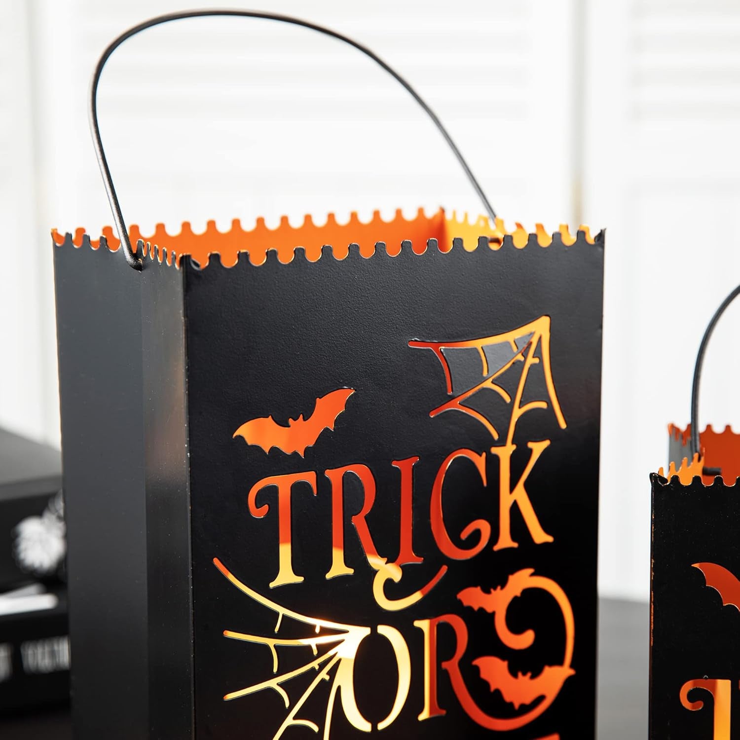 2 Pack Halloween Metal Trick or Treat Bucket, Halloween Decorative Lantern Candle Holder Table Ornament for Porch Sign Home