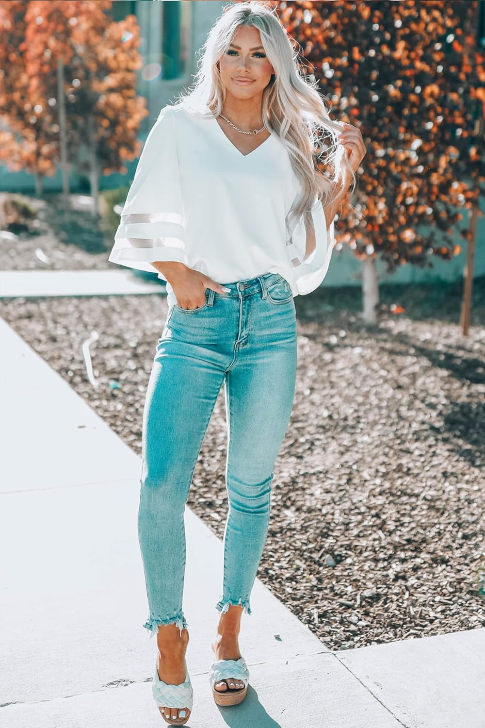 Women'S Casual V Neck Blouse 3/4 Bell Sleeve Mesh Panel Shirts Loose Top