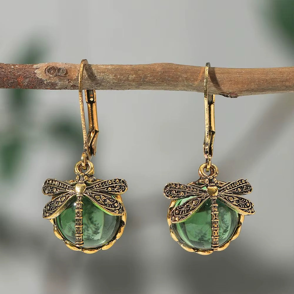 Metal Dragonfly Pendant Earrings Creative Carving Pattern Vintage Drop Earrings Inlaid Moonstone Drop Earrings Women