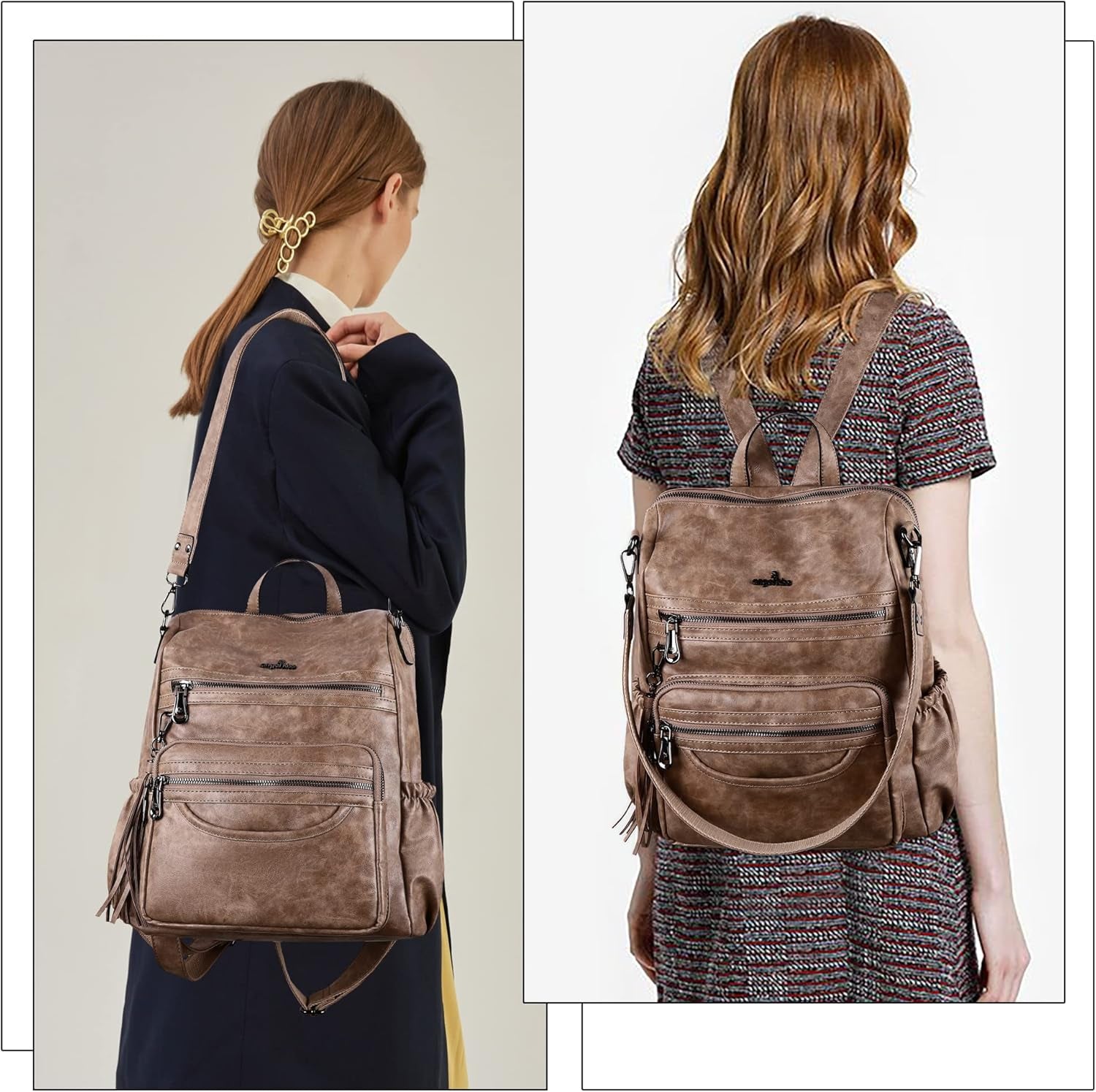 Women'S Backpacks & Purse - PU Leather Zipper Casual Backpacks & Shoulder Bags