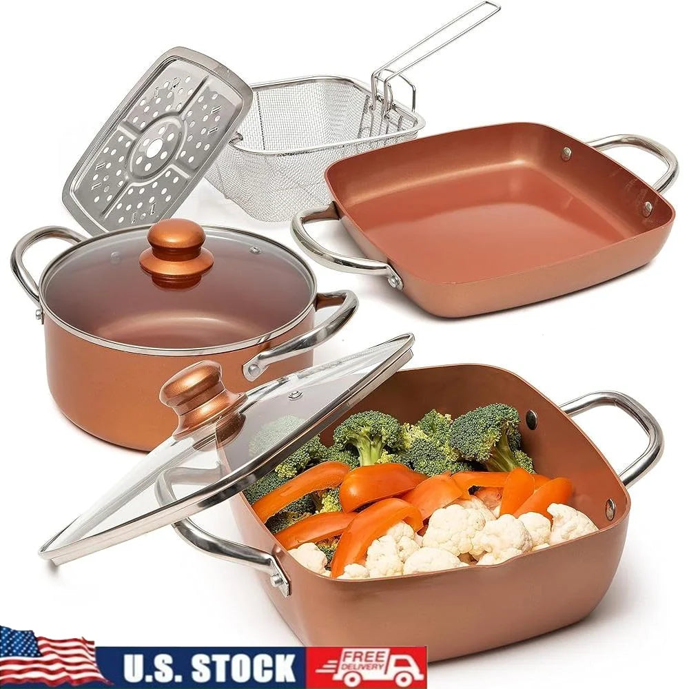 7 Pcs Copper Cookware Set Nonstick Pots and Pans Square Fry Pan Deep Fryer Steamer Rack Kitchen Essentials Induction Compatible