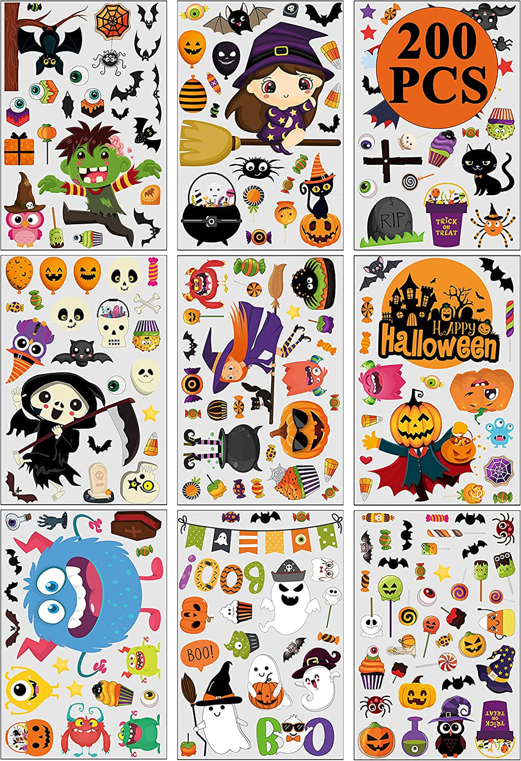 200PCS Halloween Window Clings Cute Halloween Window Clings Cute Pumpkin Witch Ghost