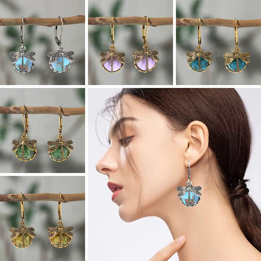 Metal Dragonfly Pendant Earrings Creative Carving Pattern Vintage Drop Earrings Inlaid Moonstone Drop Earrings Women