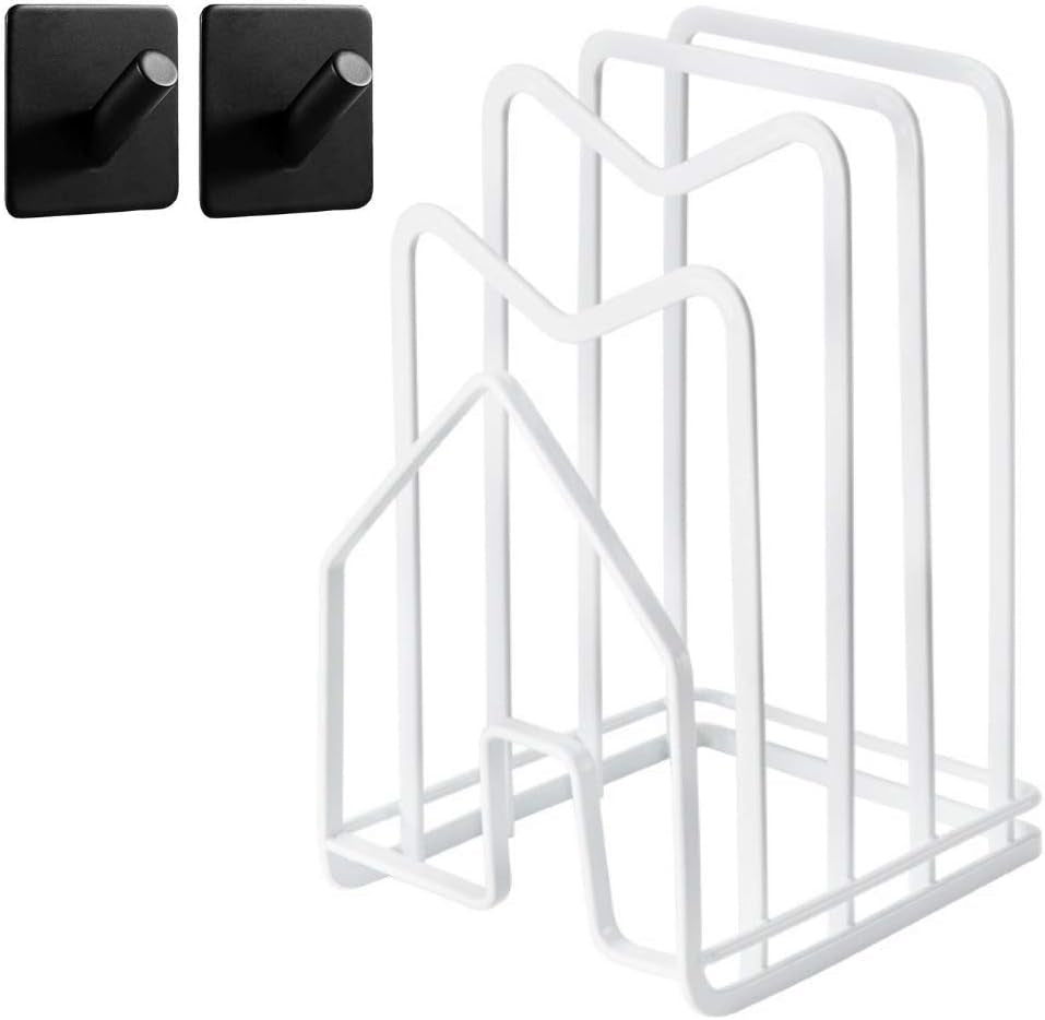 Cutting Board Rack Holder 2 Adhesive Hooks 304 Stainless Steel Hooks Kitchen Countertop Chopping Board Organizer Stand Pots Pan Lids Rack 4.92 X 5.7 X 8.46 In. White