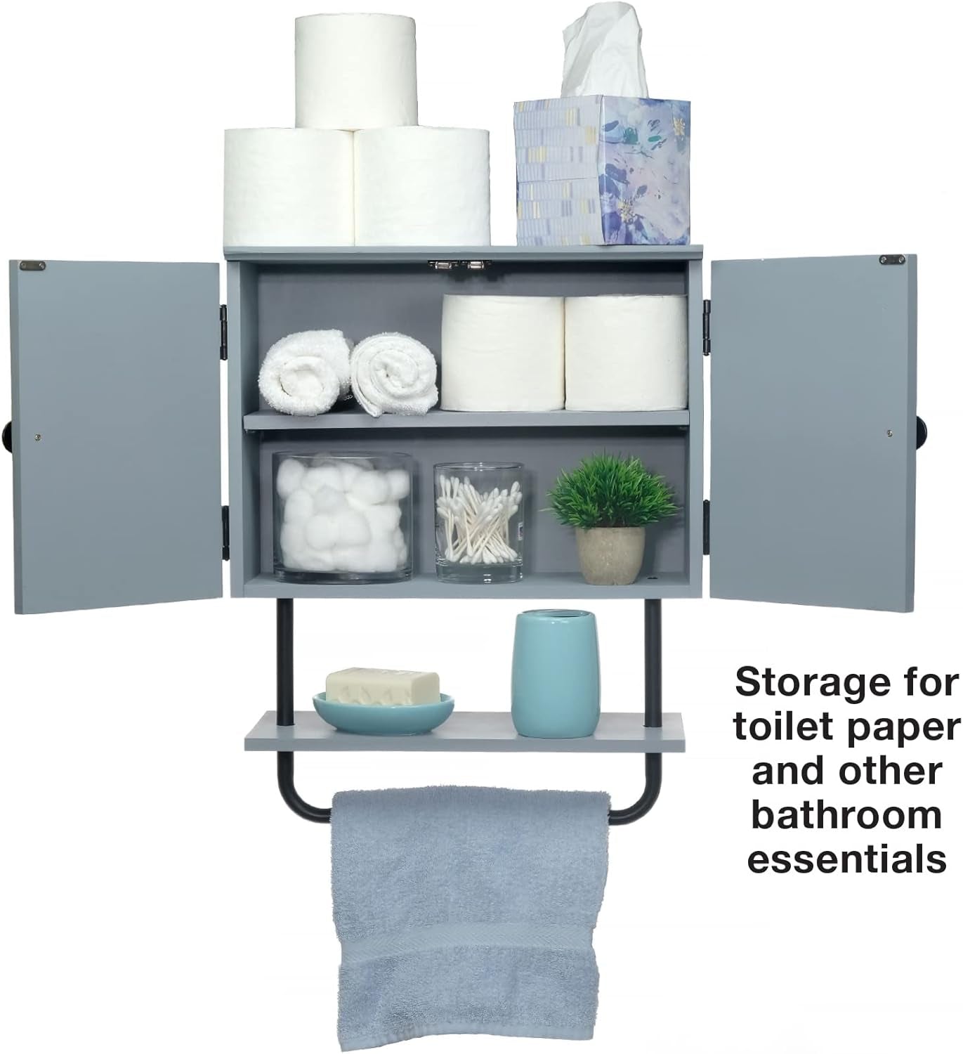 17X21” Barndoor Bathroom Wall Cabinet, Space Saver Storage Cabinet Kitchen Medicine Cabinet with Adjustable Shelf and Towel Bar, Rustic Gray