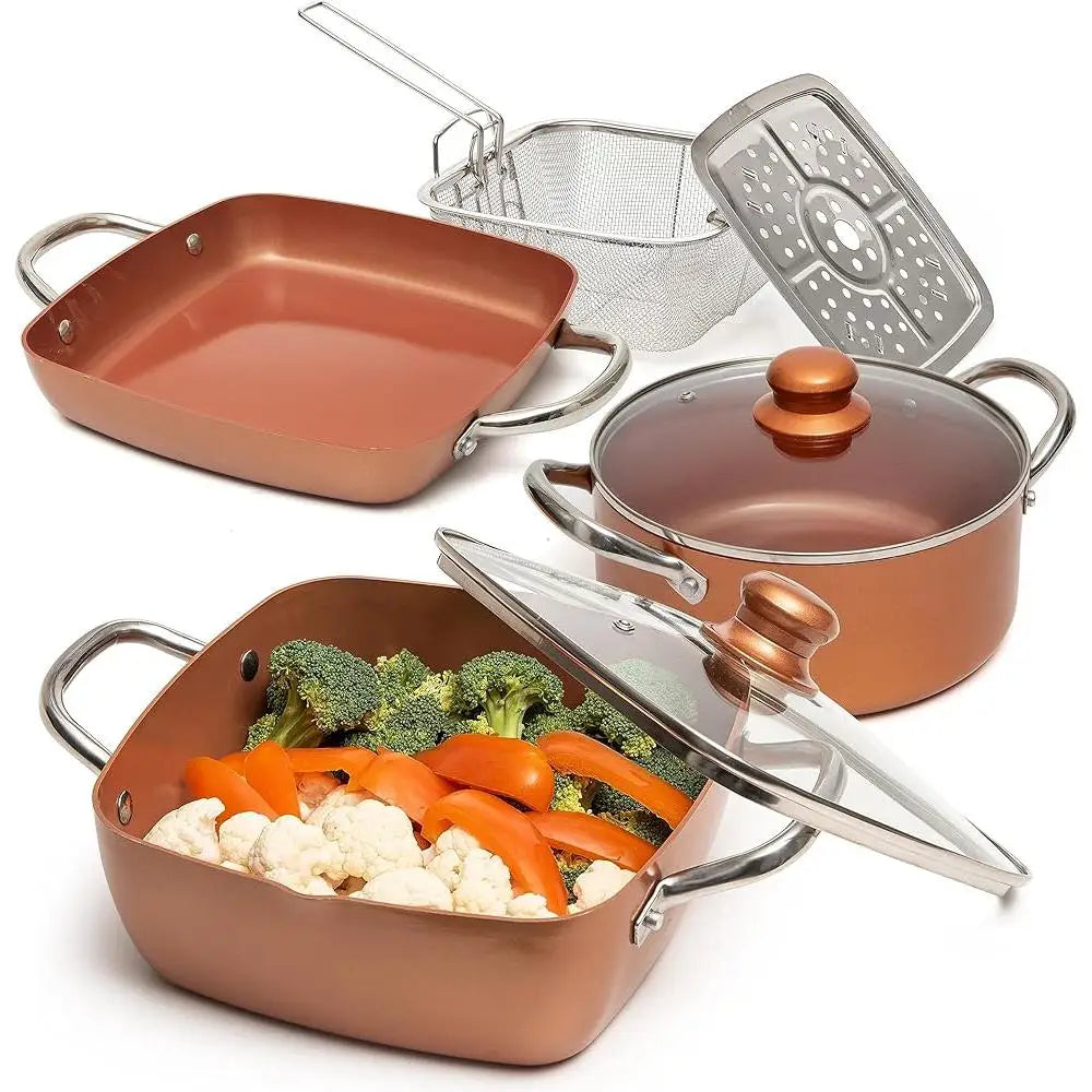7 Pcs Copper Cookware Set Nonstick Pots and Pans Square Fry Pan Deep Fryer Steamer Rack Kitchen Essentials Induction Compatible