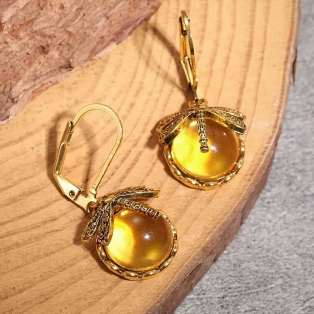 Metal Dragonfly Pendant Earrings Creative Carving Pattern Vintage Drop Earrings Inlaid Moonstone Drop Earrings Women