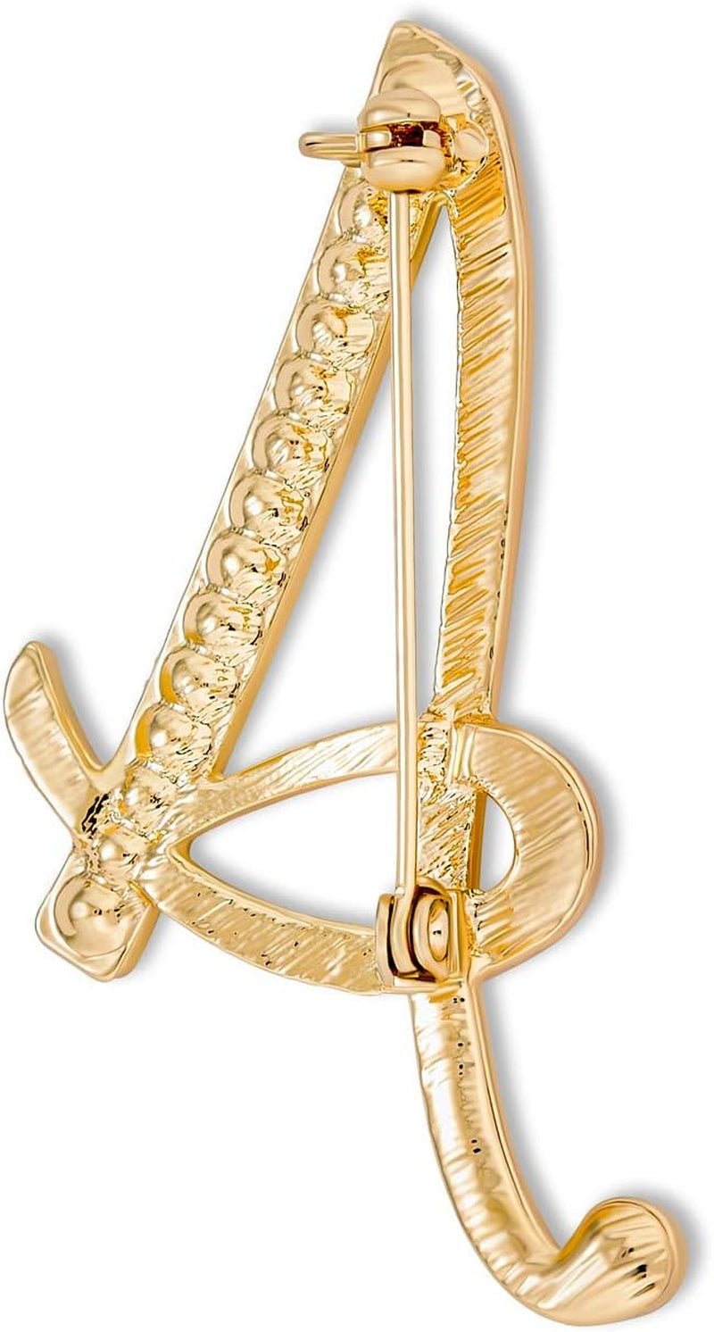 Large Statement ABC Pave Crystal Cursive Script Monogram Letters Alphabet Initial Scarf Lapel Pin Brooch for Teen Women Rose, Yellow Gold Silver Plated