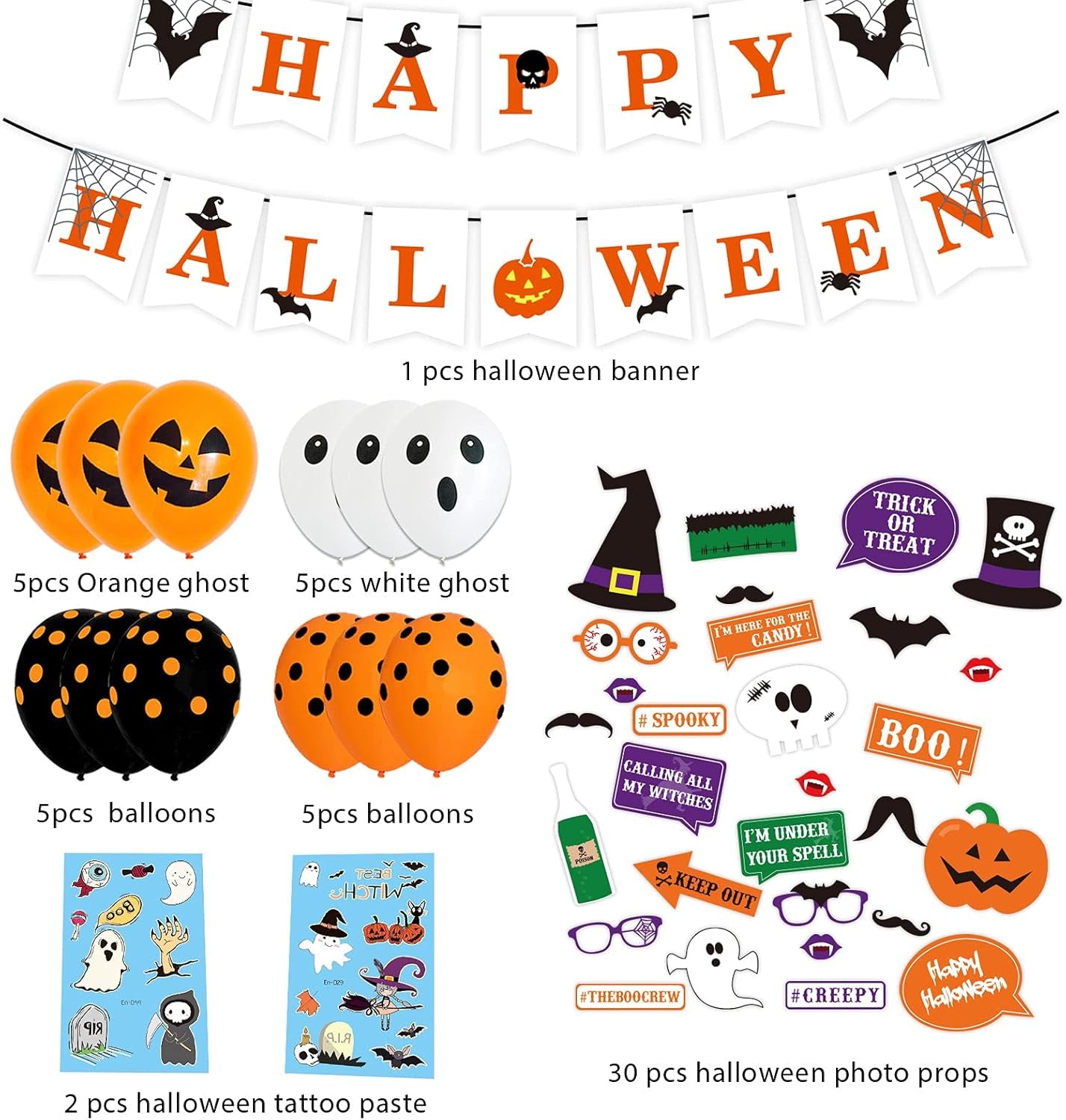 54Pcs Halloween Party Balloons Decorations, 12 Inch Black Orange White Balloons with Photo Prop for Kids Halloween Theme Party Background Classroom Decorations …