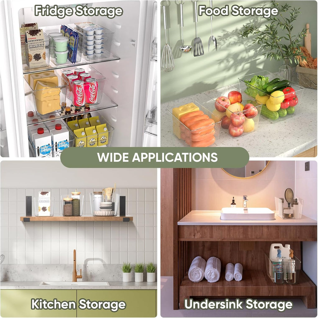 Clear Plastic Storage Bins, Pantry Organization, BPA Free Stackable Refrigerator Organizers and Storage with Handles for Kitchen Fridge Cabinet Bathroom (6PK, 9.5X5.5X4.5)