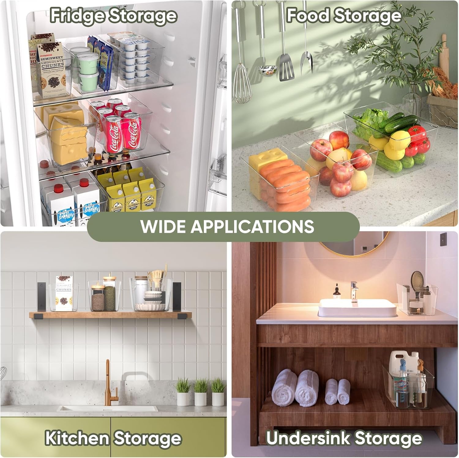 Clear Plastic Storage Bins, Pantry Organization, BPA Free Stackable Refrigerator Organizers and Storage with Handles for Kitchen Fridge Cabinet Bathroom (6PK, 9.5X5.5X4.5)