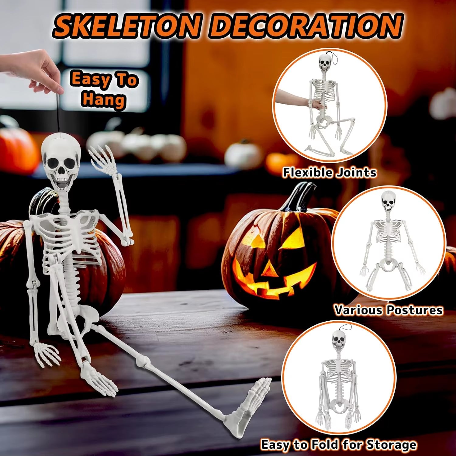 36" Skeleton Halloween Decor, 3FT Posable Halloween Skeleton Decorations, Realistic Full Body Plastic Skeleton for Halloween