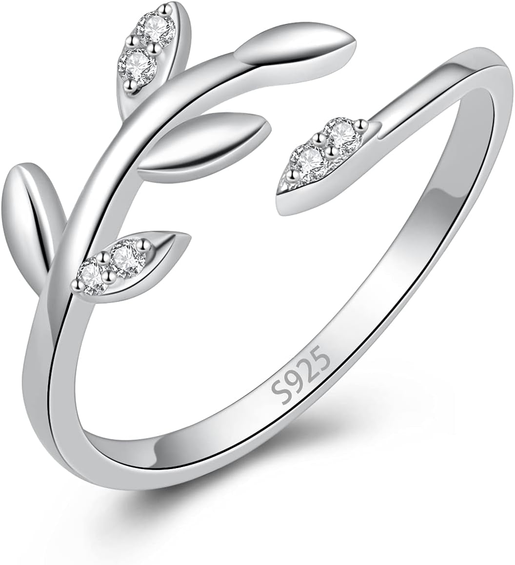 925 Sterling Silver Olive Leaf Adjustable Ring Open Ring Jewelry Gift for Women Teens Lovers