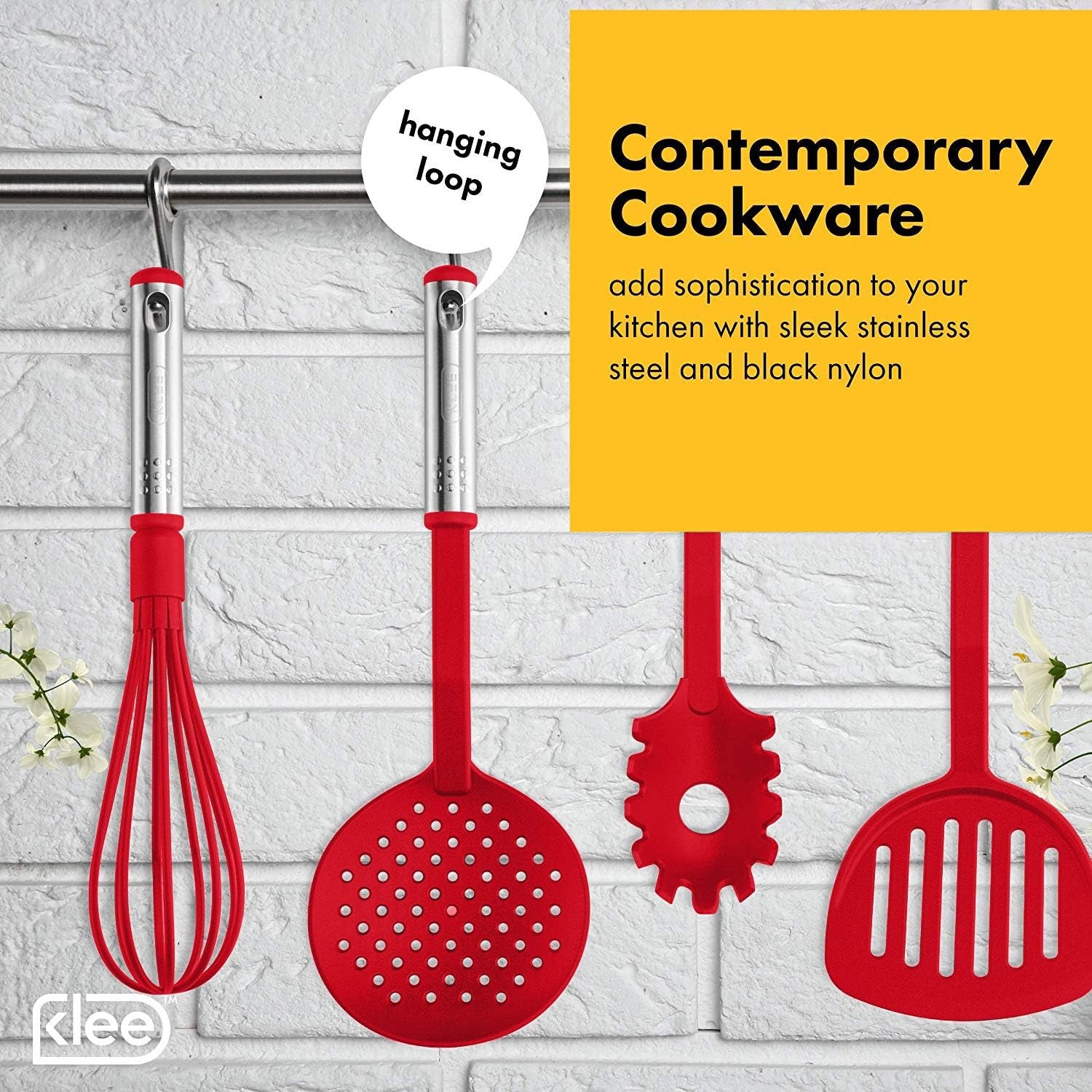 Klee Deluxe 42-Piece Heat-Resistant Stainless Steel and Nylon Kitchen Utensils Set (Red)