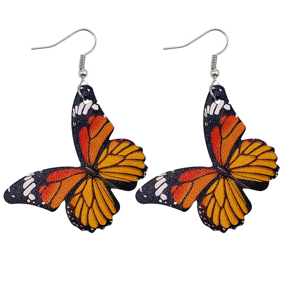 New Fashion Butterfly Leather Earrings Colorful Butterfly Printing Leather Earrings and Wooden Ear Studs Set for Women Jewelry